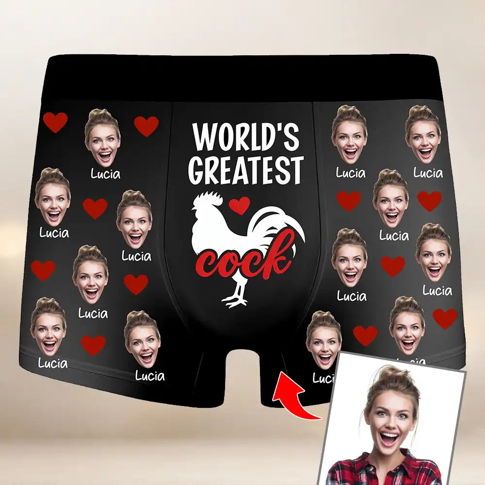 “World's Rreatest Rooster ” Custom Face Photo Boxer Briefs - A fun and personalized gift for your husband, boyfriend, or on Valentine's Day.