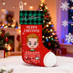 Personalized Character Christmas Stocking – Custom Name Plaid Cuff Design
