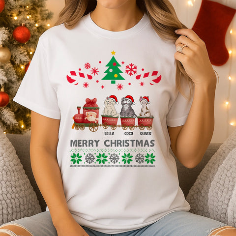 Custom Christmas pet t-shirts, sweatshirts, hoodies - choose cat breed, expression, and name