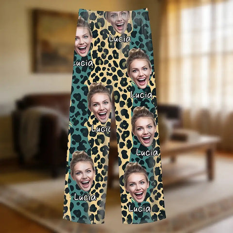 Personalized leopard print pajamas for couples, with customizable photos.