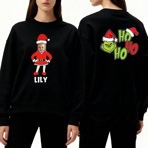 Personalized Christmas family sweatshirts with photo uploads and custom names – Designed by Ho Ho Ho