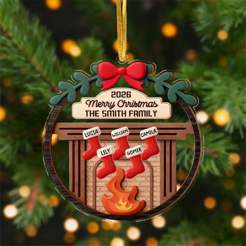 Personalized Family Fireplace Stockings Acrylic Christmas Ornament