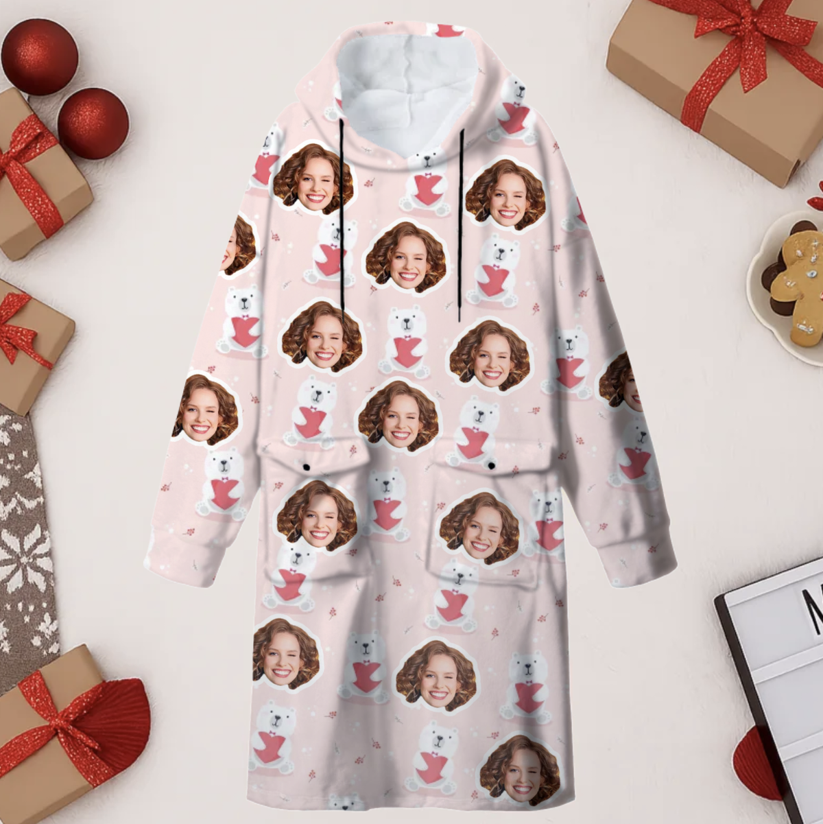 Custom Face Blanket Hoodie – Personalized Wearable Blanket with Photo – Cozy Oversized Hoodie, Christmas Gift
