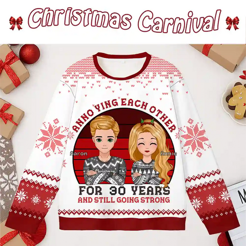 Personalized Christmas Ugly Sweater – Cute Cartoon Couple Anniversary Design