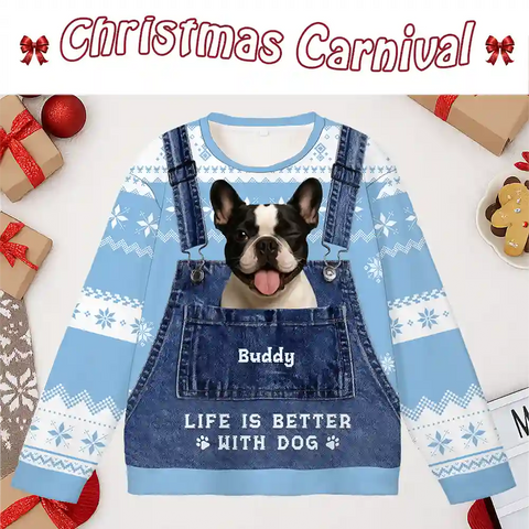 Custom Pet Christmas Ugly Sweater – Personalized “Life Is Better With Dog/Cat” Holiday Sweatshirt with Photo & Name