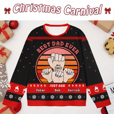 Custom Dad Christmas Ugly Sweater – Best Fist Bump with Kids, Personalized Holiday Sweatshirt, Perfect Christmas Gift for Fathers