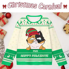 Custom “Happy Pawlidays” Cat Ugly Christmas Sweater – Personalized Pet Name Holiday Gift for Cat Lovers
