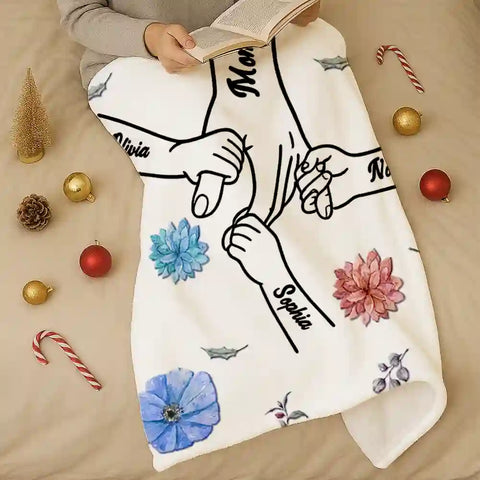 Custom Handprint  Blanket – Personalized with Names, Holding Mom’s Hand, Best Christmas Gift