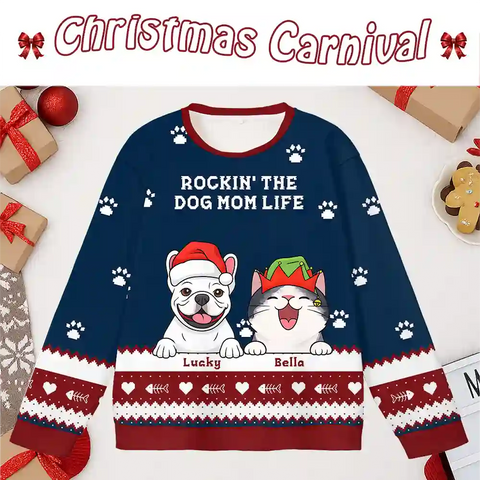 Custom “Rockin’ The Pet Parent Life” Ugly Christmas Sweater – Personalized Dog & Cat Face Holiday Sweatshirt, Funny Gift for Pet Moms & Dads