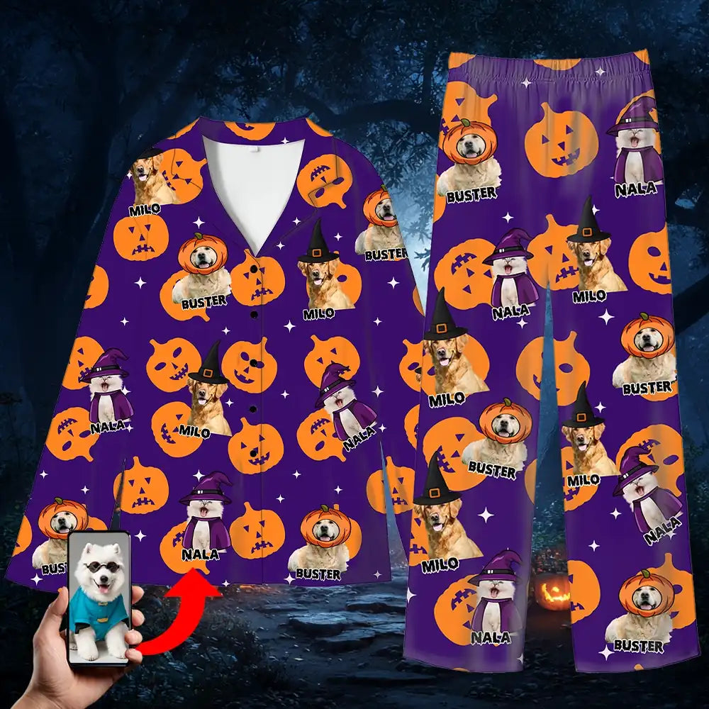 Custom Halloween Pet Pajamas – Personalized Flannel Sleepwear with Dog or Cat Photo & Name