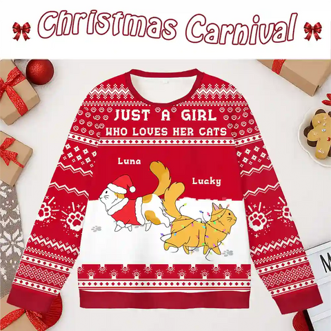 Just A Girl Who Loves Her Cats – Personalized Cat Lover Ugly Christmas Sweater
