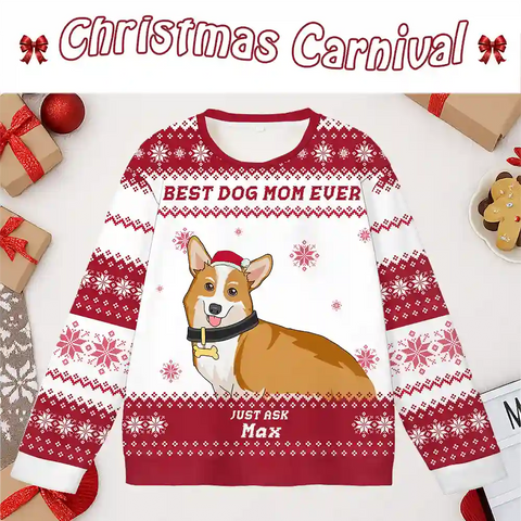 Custom Dog Christmas Ugly Sweater – Personalized Holiday Sweatshirt with Snowflake Pattern, Upload Pet Photo, Choose Pet Design, Add Name, Best Dog Mom & Dad Gift