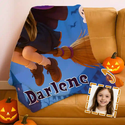 Custom Little Witch Kids Photo Blanket – Upload Child Portrait & Name