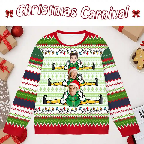 Personalized Elf Christmas Ugly Sweater – Upload Family Photos for a Hilarious Holiday Look