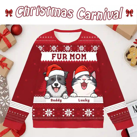Merry Christmas Personalised All Over Print Sweatshirt - Customised Dog and Cat Names, Unisex All Over Print Gift for Furry Moms and Dads