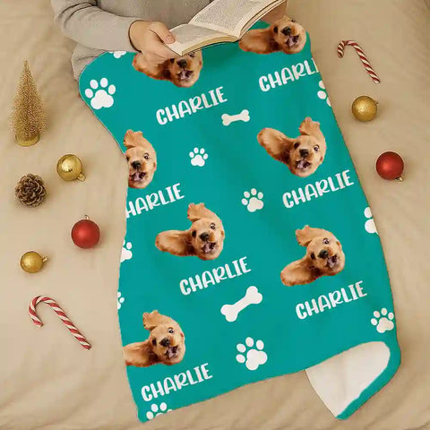 Custom Pet Photo & Name Blanket – Personalized Flannel Throw with Dog Face Pattern，Chrismas Gifts