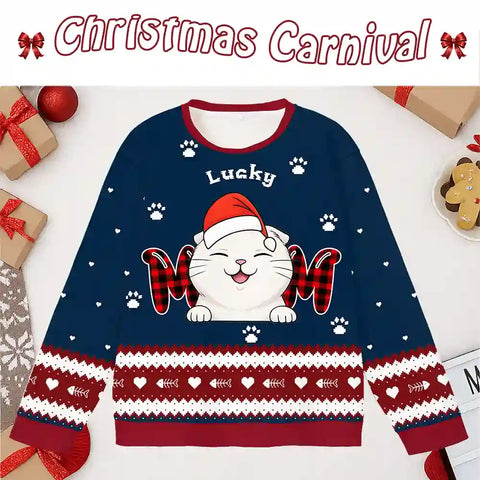 Custom Cat Christmas Ugly Sweatshirt – Personalized with Cat Name & Design, Perfect Holiday Gift for Pet Lovers，Christmas Gift