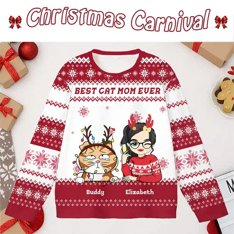 Best Cat Mom Ever Ugly Christmas Sweater – Personalized Cat Lover Holiday Sweatshirt with Custom Cartoon Design