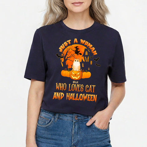 Just A Woman Who Loves Cats And Halloween - Personalized T-shirts, Sweatshirts & Hoodies