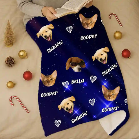Custom Pet Photo Flannel Blanket – Personalized Dog & Cat Faces with Names, Cozy Starry Night Design