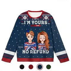 Custom Couple Christmas Ugly Sweater – Personalized “I’m Yours, No Refund” Holiday Sweatshirt with Names & Avatars