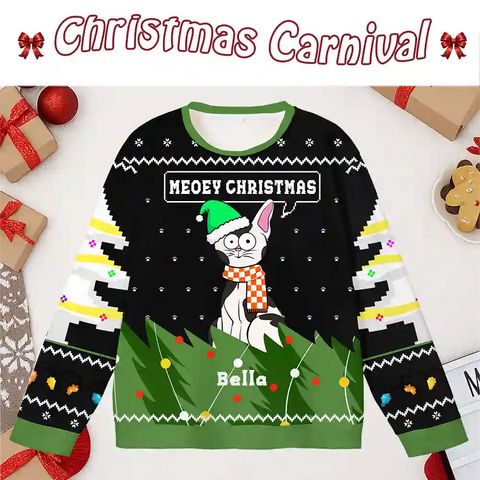 Custom Cat Christmas Ugly Sweater – Funny “Meowy Christmas” Holiday Sweatshirt with Pet Name