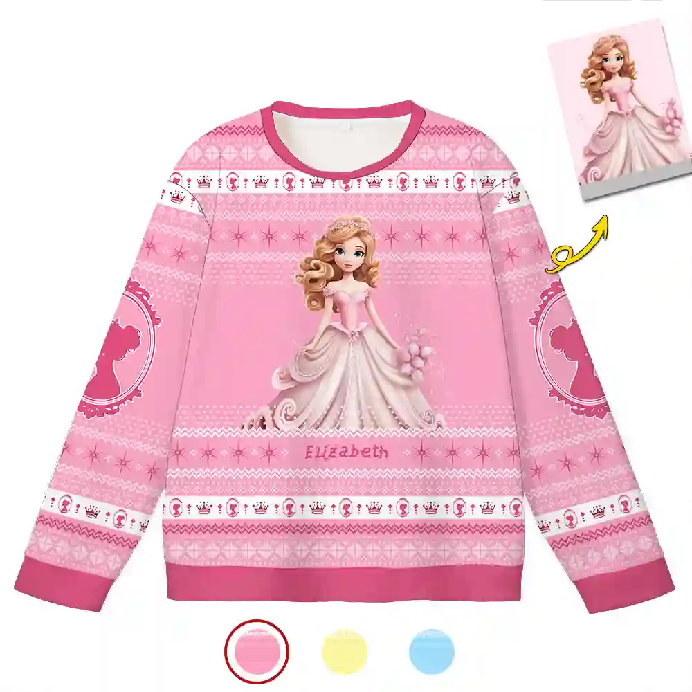 Personalized Princess Christmas Ugly Sweater – Custom Name Pink Fairytale Holiday Sweatshirt for Women