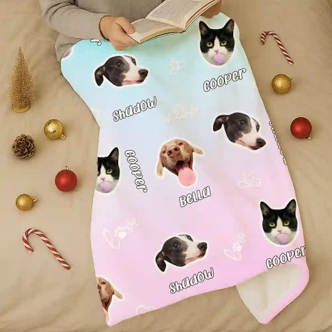 Personalized Pet Face Blanket – Custom Dog & Cat Name Flannel Throw Gift for Pet Lovers