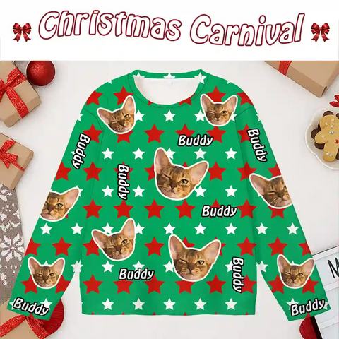 Personalized Pet Christmas Sweater – Custom Cat Face & Name Festive Design