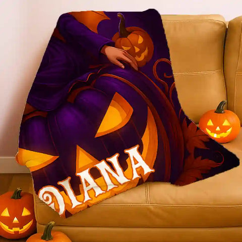 Custom Witch Queen Pumpkin Throne Photo Blanket – Personalized Portrait Flannel