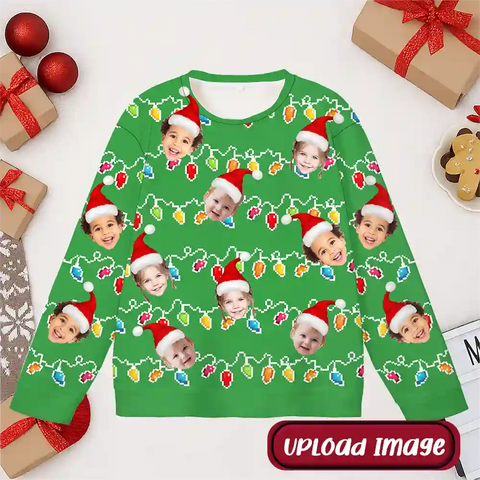 Custom Family Christmas Ugly Sweater – Personalized Holiday Sweatshirt with Colorful String Lights, Upload Family Photo with Santa Hats, Best Family Christmas Gift