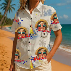 Camiseta playera con cara de mascota divertida: estilo hawaiano personalizado para fiestas de verano 
