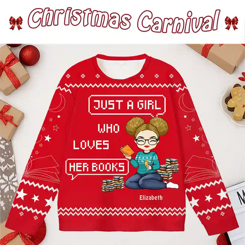 INK P.O.D | Personalized Ugly Christmas Sweater – “Just a Girl Who Loves Books” | Book Lover Holiday Gift