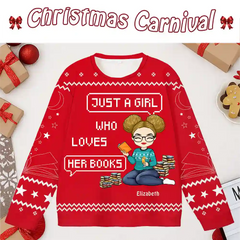 Custom Book Lover Ugly Christmas Sweater – Personalized Name Reading Girl Holiday Sweatshirt