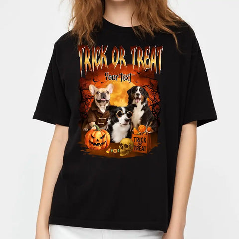 Personalized Bootleg Halloween Tee – Custom Pet Portrait & Name, Vintage Style Dog Shirt, Unique Spooky Season Gift