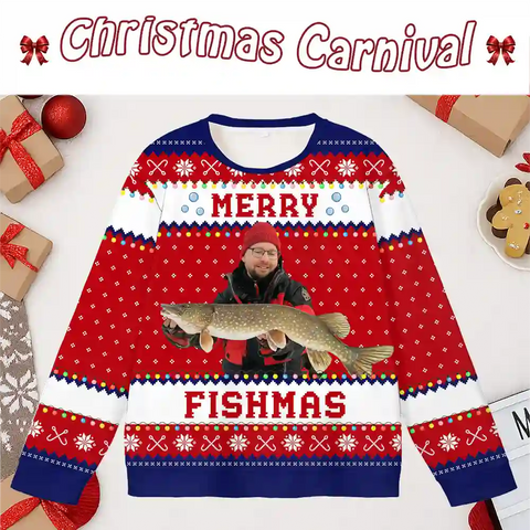 Custom Fishing Christmas Ugly Sweater – Personalized Holiday Sweatshirt with Photo, Best Gift for Fishing Lovers