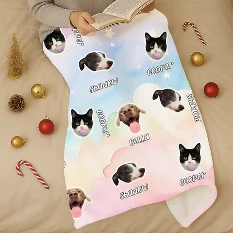 Custom Pet Photo Flannel Blanket – Personalized Dog & Cat Faces with Names, Dreamy Cloud & Star Design