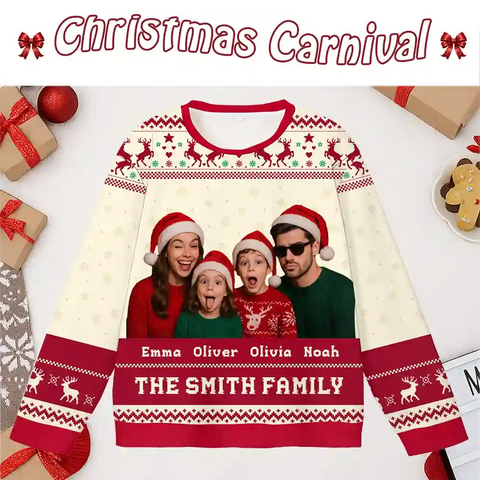 Custom Family Christmas Ugly Sweater – Personalized Holiday Sweatshirt with Funny Faces & Names