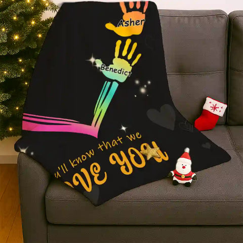 Custom Handprint Heart Blanket – Personalized Name Hug Gift for Loved Ones，Christmas Gift，Love