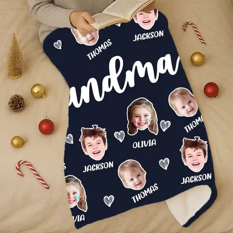Custom Family Faces Blanket – Personalized Photo & Name Flannel Throw Gift for Mom, Grandma & Nana
