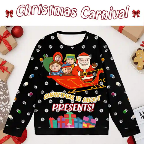 Custom Funny Santa Christmas Ugly Sweater – Personalized Holiday Sweatshirt with Kids’ Faces, Upload Photo, Unique Christmas Gift