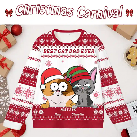 Custom Cat Christmas Ugly Sweater – Personalized Holiday Sweatshirt with Snowflake Pattern, Upload Pet Photo, Add Name, Best Gift for Cat Moms & Dads