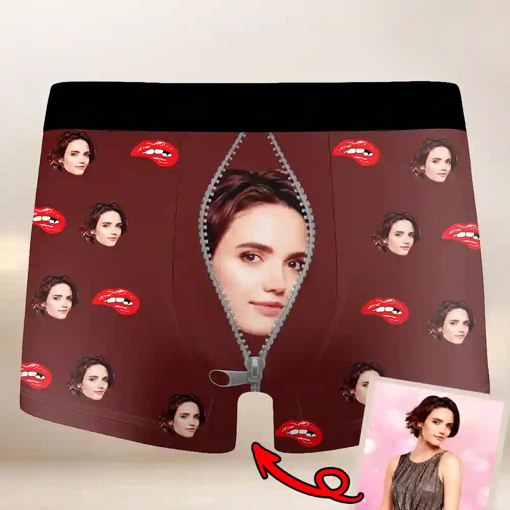 Custom Face Boxer Briefs – Funny Zipper Underwear with Lips Print, Hilarious Gift for Boyfriend or Husband