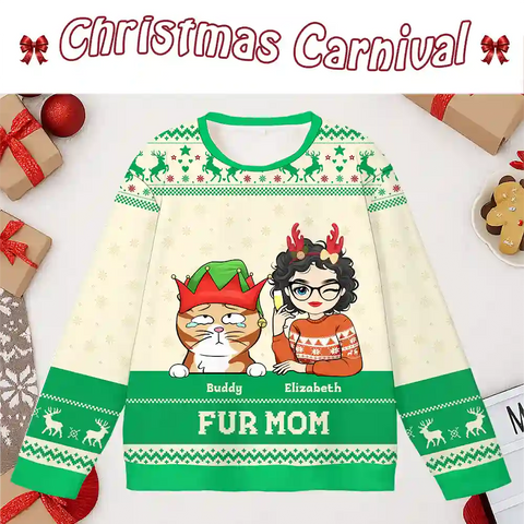 Personalized Cat Mom Christmas Sweater – “Fur Mom” Custom Ugly Holiday Sweatshirt with Pet Name & Cartoon Design