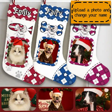 Custom Dog & Cat Christmas Stocking – Upload Pet Photo & Name, Personalized Holiday Keepsake