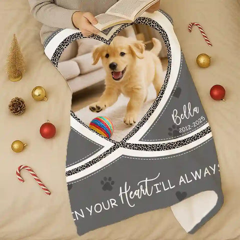 Custom Pet Memorial Blanket – Personalized Photo Heart Design, Forever in Your Heart Gift