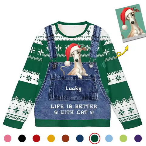 Custom Pet Christmas Ugly Sweater – Personalized Cat or Dog Design in Denim Overalls, “Life Is Better With Cat  And Dog” Festive Sweatshirt