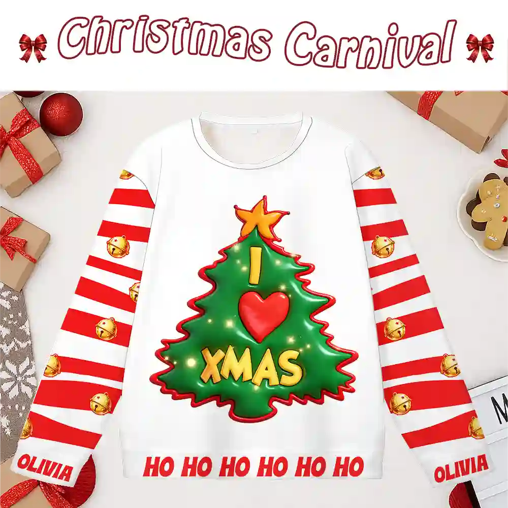 Custom Christmas Ugly Sweater – Personalized “I LOVE XMAS” Tree Design with Name