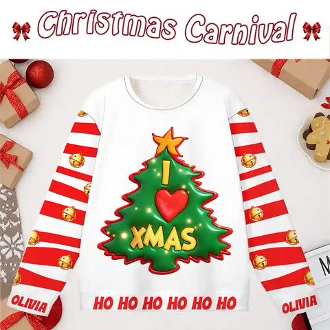 Custom Christmas Ugly Sweater – Personalized “I LOVE XMAS” Tree Design with Name