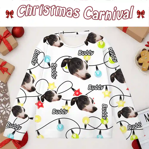 Unique Dog Lover Ugly Sweater – Pet Photo & Name with Bright Christmas Lights